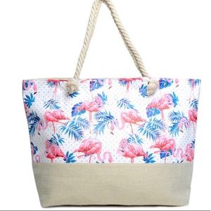 Flamingo & Palm Leaves Rhinestone Tote Bag